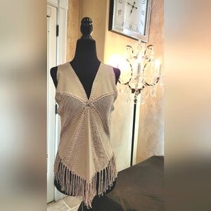 Bebe Vintage Bohemian Hip Vest Top. Suede Patches Fringe Tassels. NWT, Size M